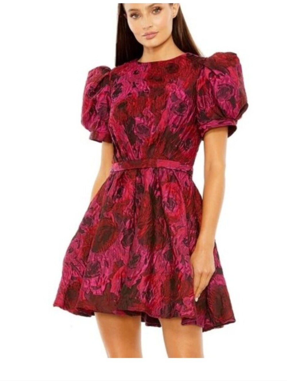 Mac Duggal Puff Sleeve Brocade Mini Dress